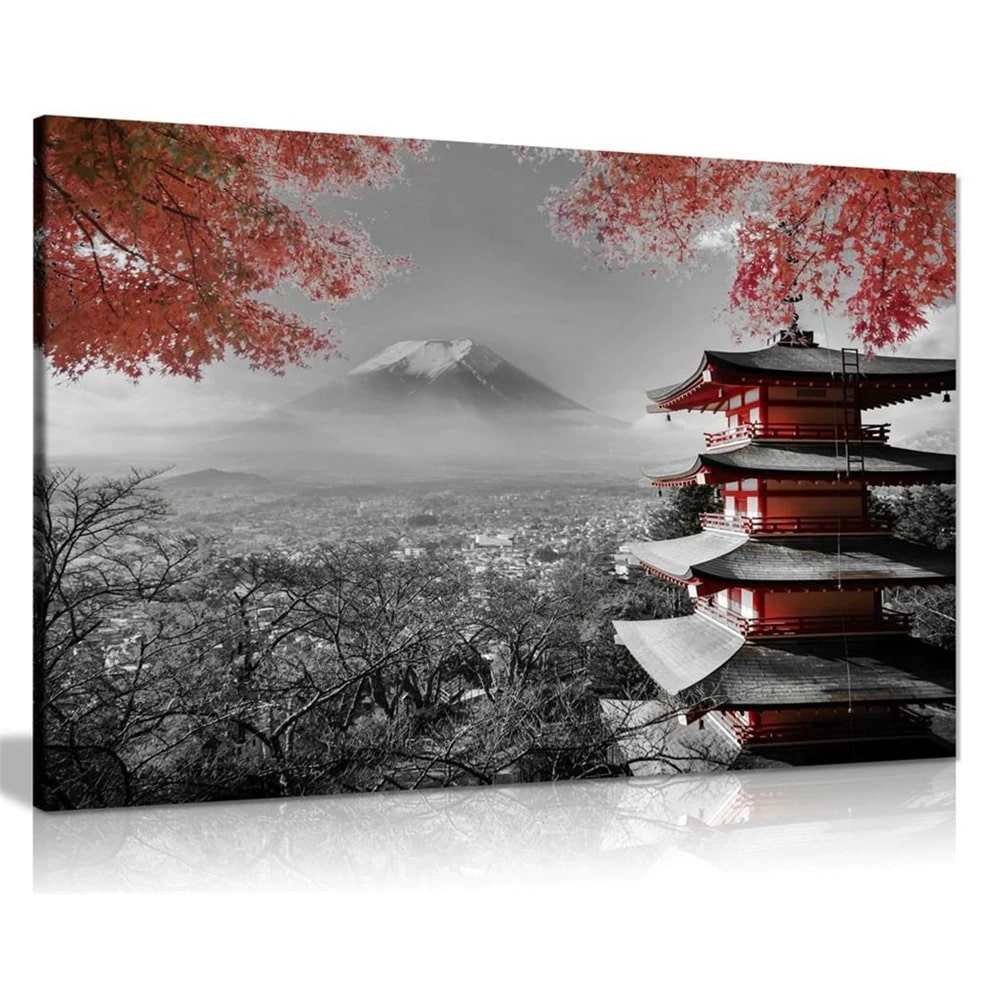 ▷ Tableau d'un temple japonais noir blanc et rouge
