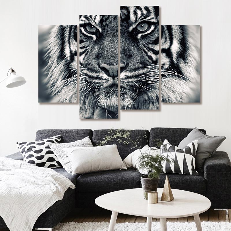 ▷ Tableau avec une tête de tigre en noir et blanc