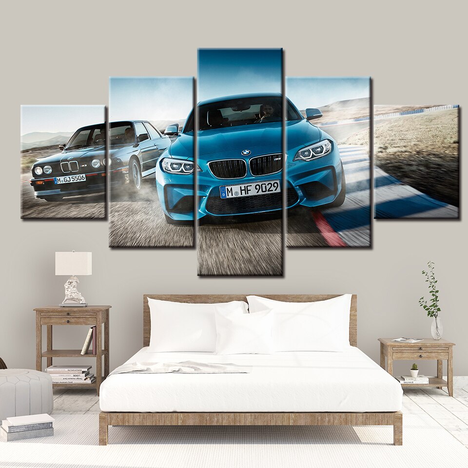 DYCV-216 Affiche sur toile imprimée HD 5 pièces, Bmw M3 M5, peintures  blanches de voiture de Sport, images mura(Cntient Cadre)