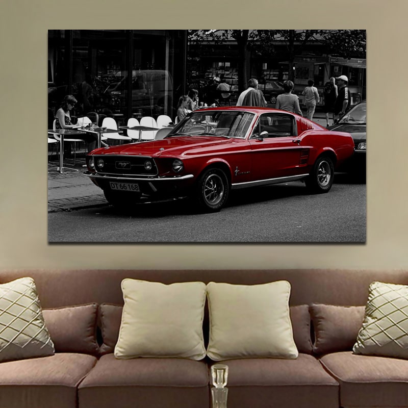 ▷ Tableau vintage d'une Mustang rouge